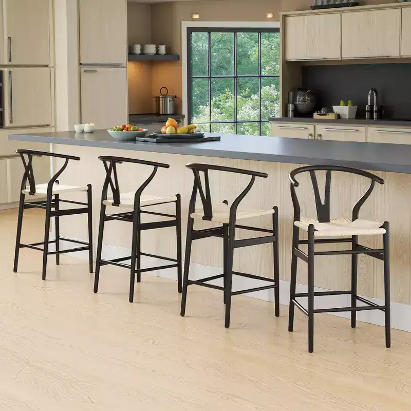 Beige Fully Assembled Wishbone Weave Bar Stool Modern Sturdy for Kitchen Island