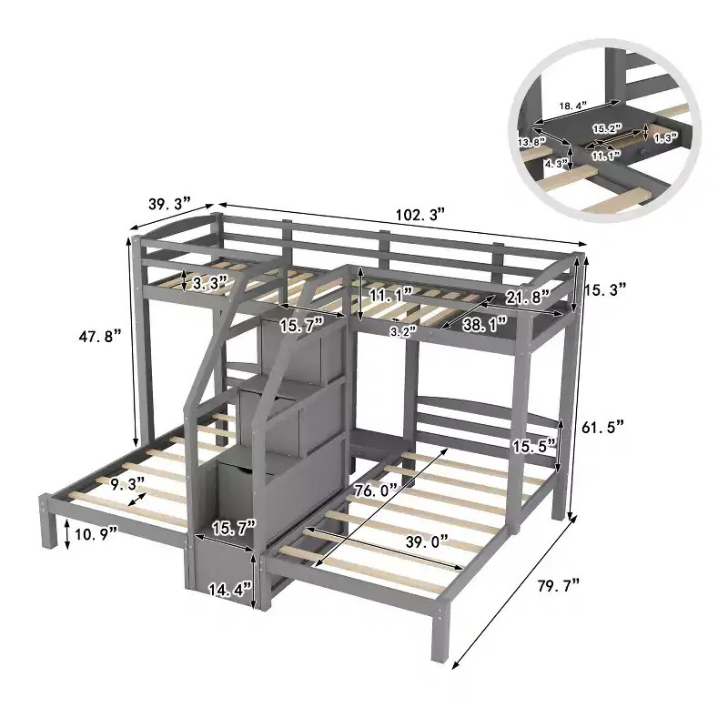 Wood Twin over Twin & Twin Bunk Bed, L Shaped Bunk Bed for 3 Kids, Heavy-Duty Triple Bunk Bed with Storage Drawers, Gray