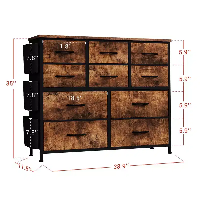 Rustic Brown 10-Drawer Fabric Dresser, Black Metal Frame