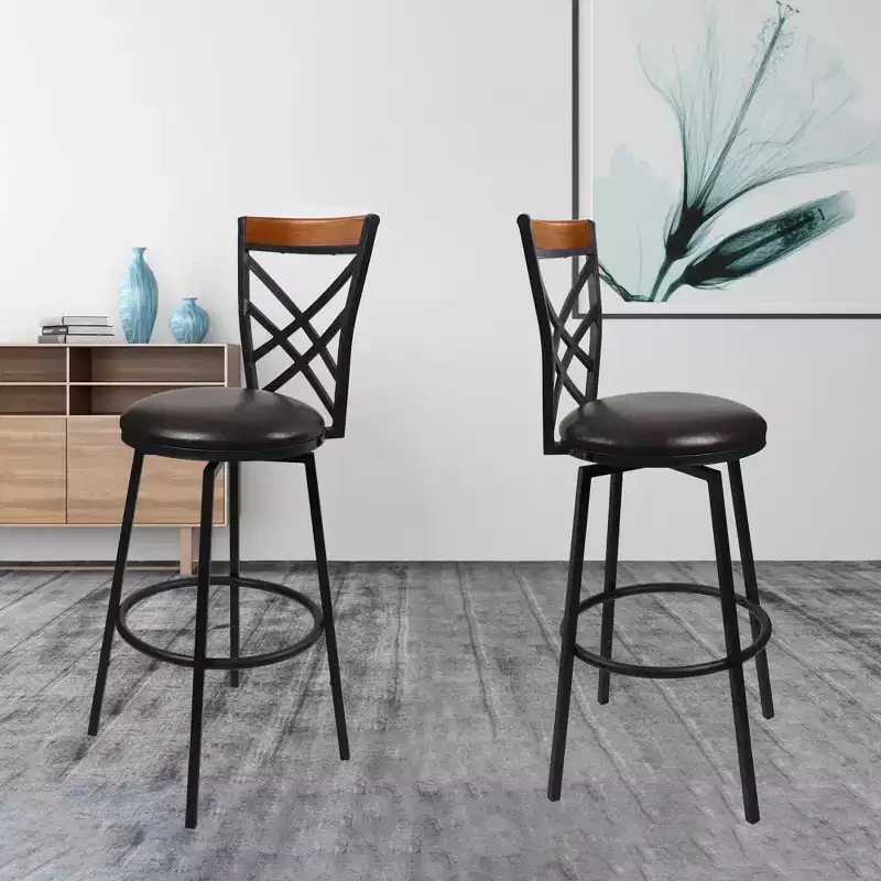 Swivel Metal Kitchen Counter Barstool with Double X Back Upholstered Faux Leather Seat, Espresso and Black,