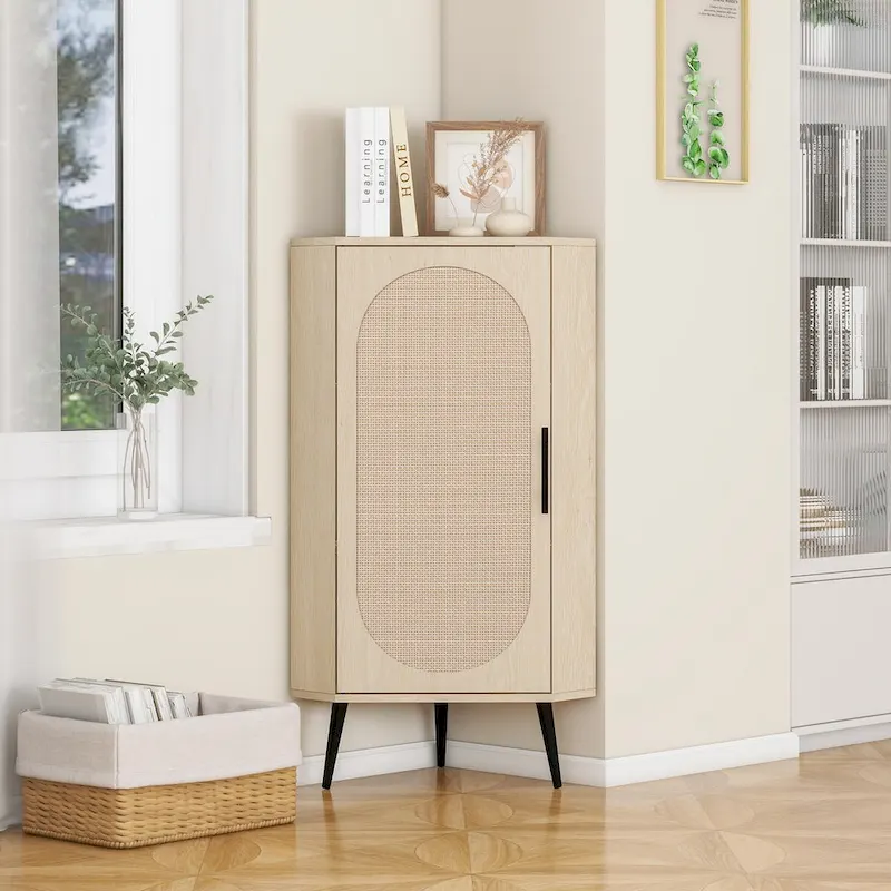 Corner cabinet ,Rattan door,Freestanding Corner Tables For Small Spaces,Corner Shelf Stand For Living Room,Kitchen,Bathroom