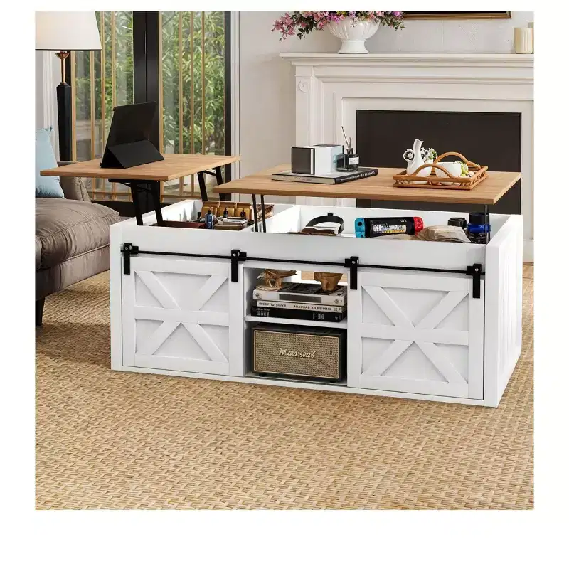 Lift Top Coffee Table 48 inch Farmhouse with Sliding Barn Door Space Saving Living Room Tables