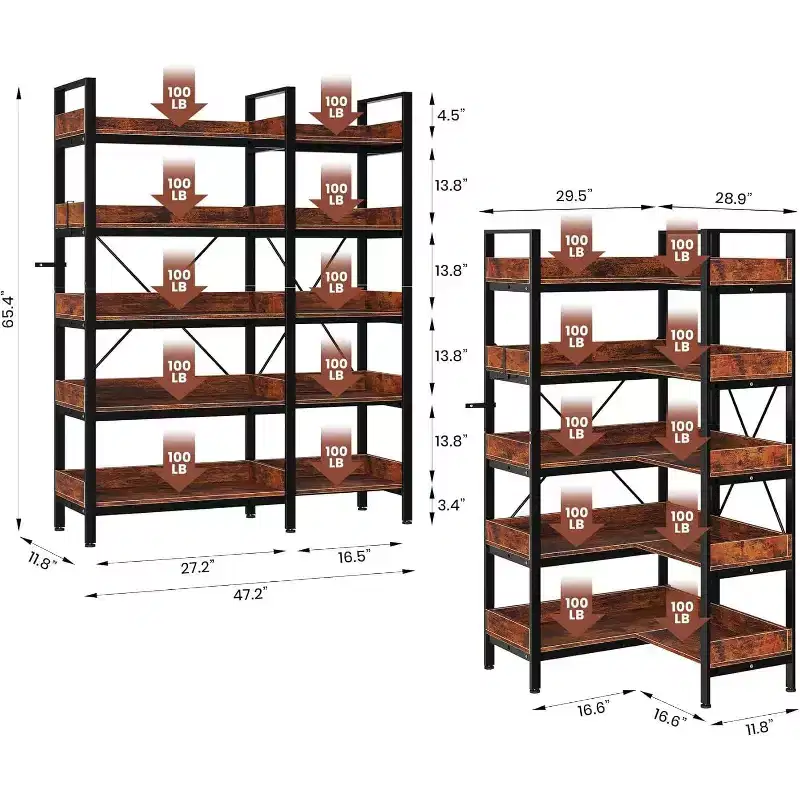Acekool L Shaped 5 Tier Bookcase, Industrial Corner Bookshelf, Metal Frame, Adjustable Feet, for Living Room, Rustic Brown