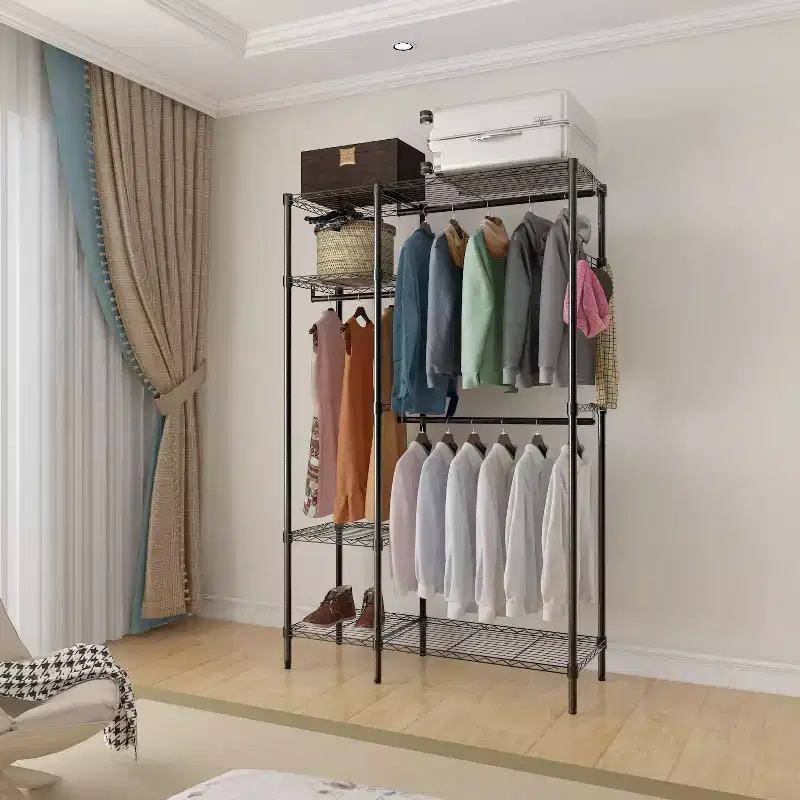 Karl Home Black Iron Open Wardrobe with 2 Rows of Rails & 4-Layer Shelves 44.9x16.5x70.9 Inches