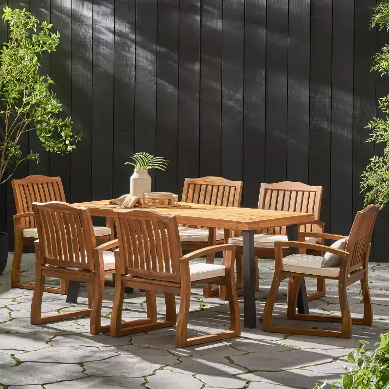 Christopher Knight Home Kittama Outdoor Acacia Wood and Rustic Metal 7 Piece Dining Set with Cushion, Teak and Cream
