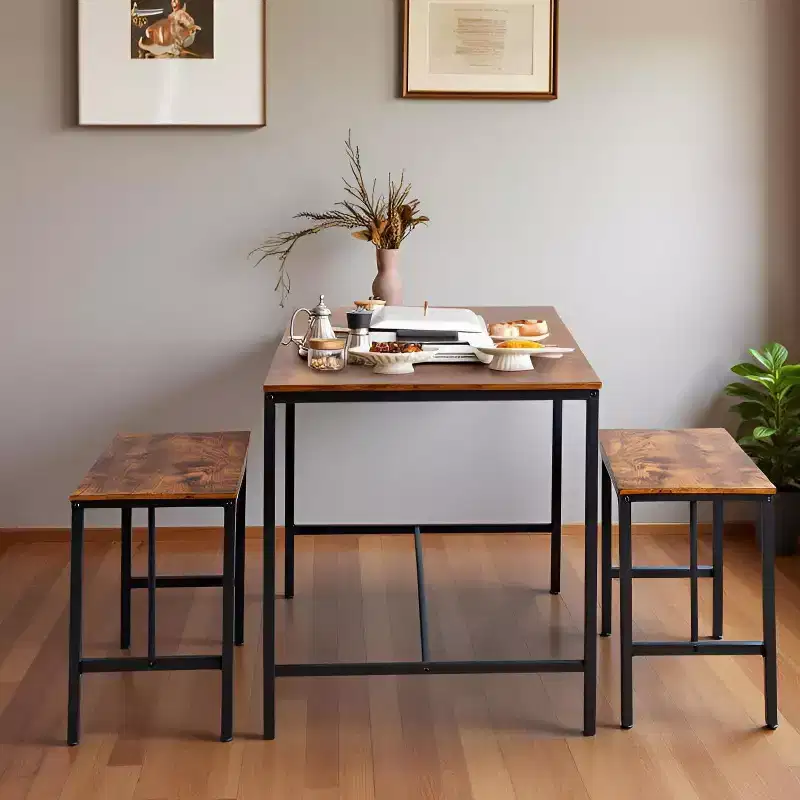 FurnitureR 3-Piece Dining Table Set with 2 Benches, Space-Saving Kitchen & Dining Room Set for Home or Restaurant, Metal Frame and MDF Top, Brown