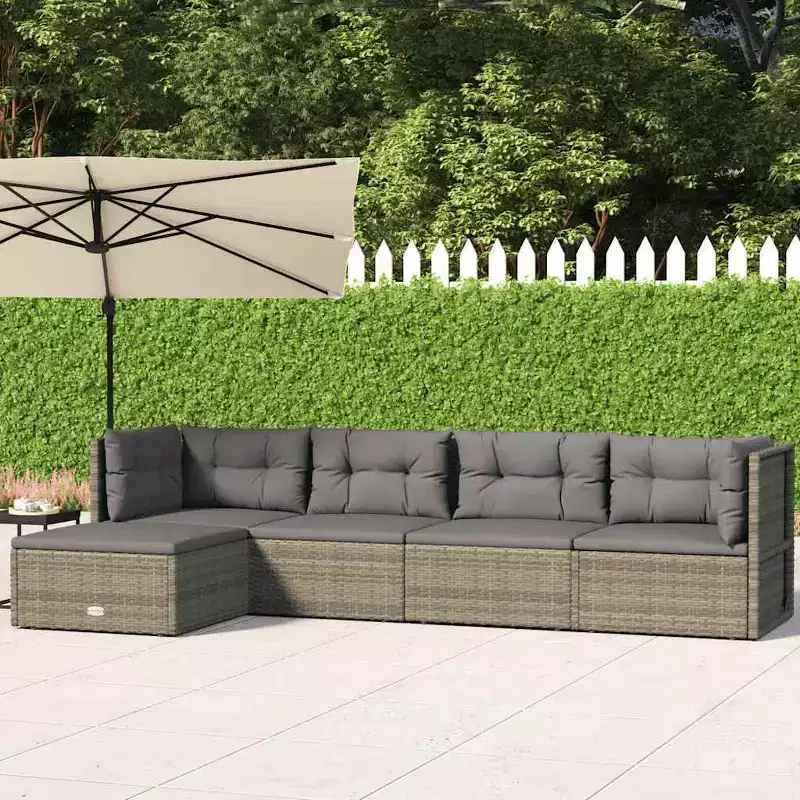 vidaXL 5-Piece Patio Lounge Set- Durable Gray Poly Rattan Furniture Set with Steel Frame, Adjustable Corner Sofa, Thick Cushions, Modular Design