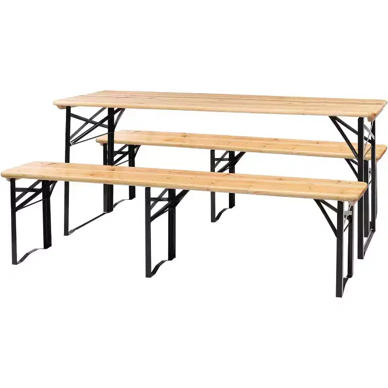6 Foot Folding Picnic Table with Benches, Weather-Resistant Wood, Beer Camping Table with Carrying Handles