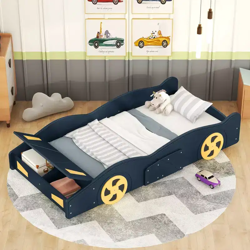 Bellemave Full Size Race Car-Shaped Platform Bed,Wood Platform Bed Frame with Wheels and Storage,for Girls Boys Teenagers, Dark Blue