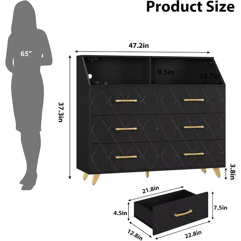 Chest of Drawers, Lighted 6 Drawer Dresser w/Charging Station & Storage Shelf, Wooden Dresser, Modern Drawer Cabinet for Bedroom, Living Room