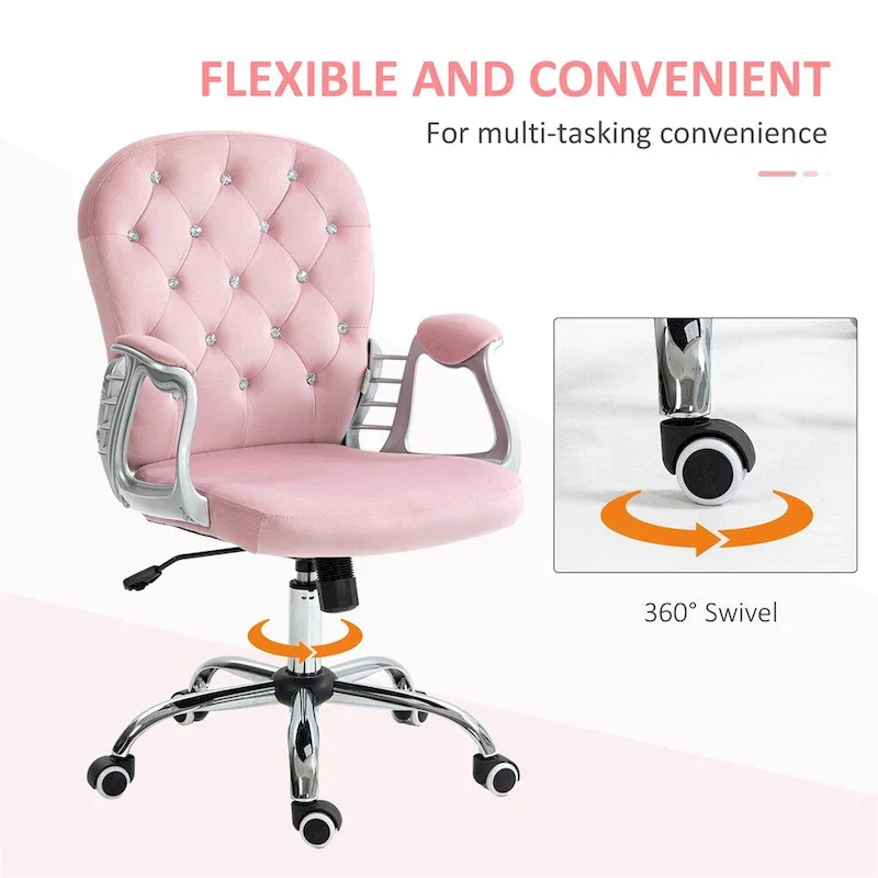 Velvet Adjustable Height Home Office Chair w/ Padded Armrests & Wheel - N/A