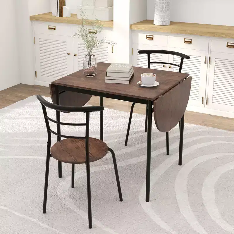 Costway 3 Pcs Foldable Dining Table Set w/ 2 Chairs Industrial Oval Corner Dining Set