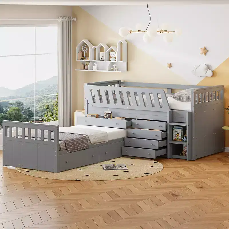 Twin Low Loft Bed with 7 Drawers and Full Guardrails, L-Shaped Twin Loft and Twin Platform Bed for Kids Teens Bedroom