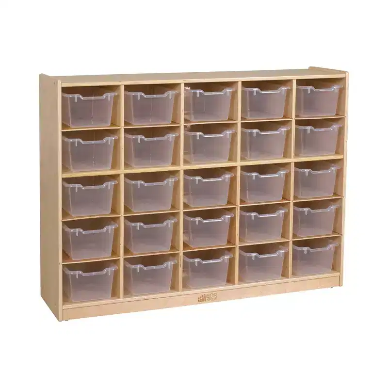 ECR4Kids 25 Cubby Mobile Tray Cabinet and 25 Scoop Front Storage Bins, 5x5, Kids Furniture