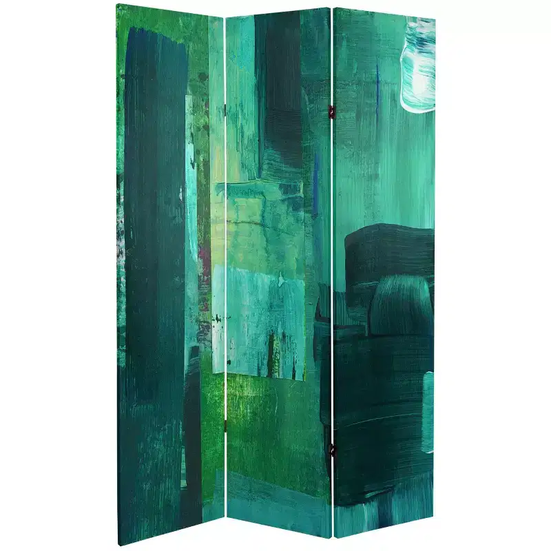 6" Double Sided Undersea Canvas Room Divider Green - Oriental Furniture: Adjustable 3-Panel, Spruce Wood Frame, No Assembly Required