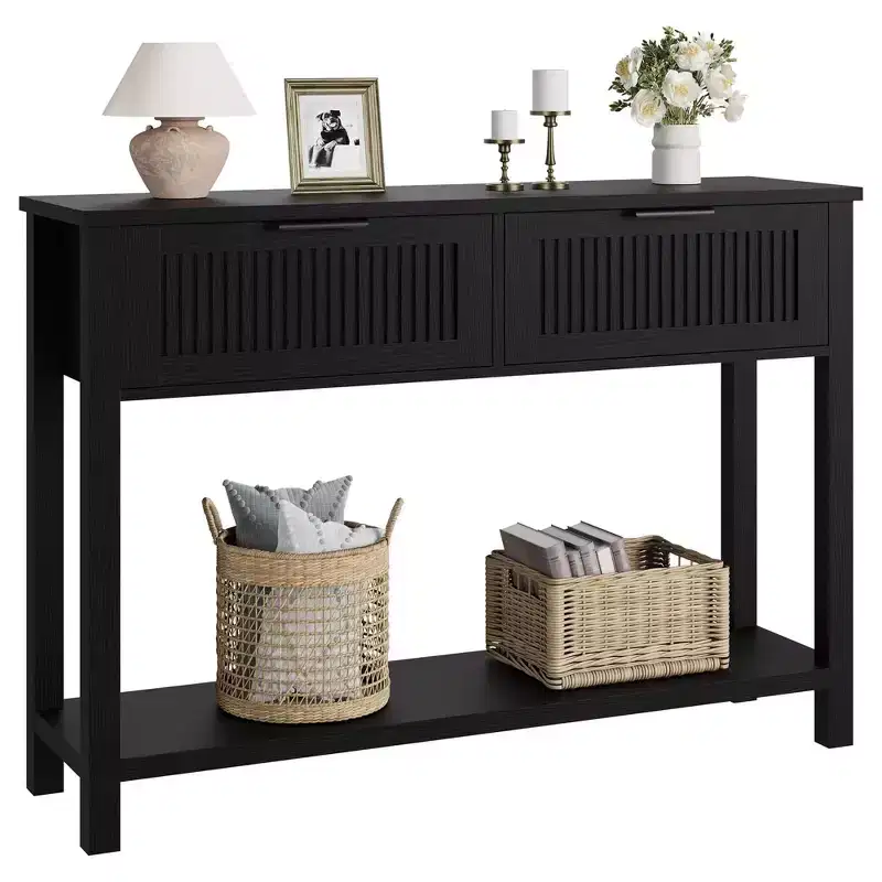 Farmhouse Fluted Console Table, 2 Drawers, Storage Shelf, Narrow Wooden Entryway Sofa Side Table for Living Room, Hallway, or Foyer, Black