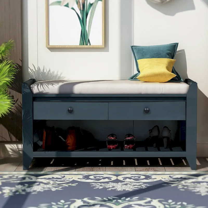 43 Entryway Storage Bench Shoe Rack with Cushioned Seat and Drawers