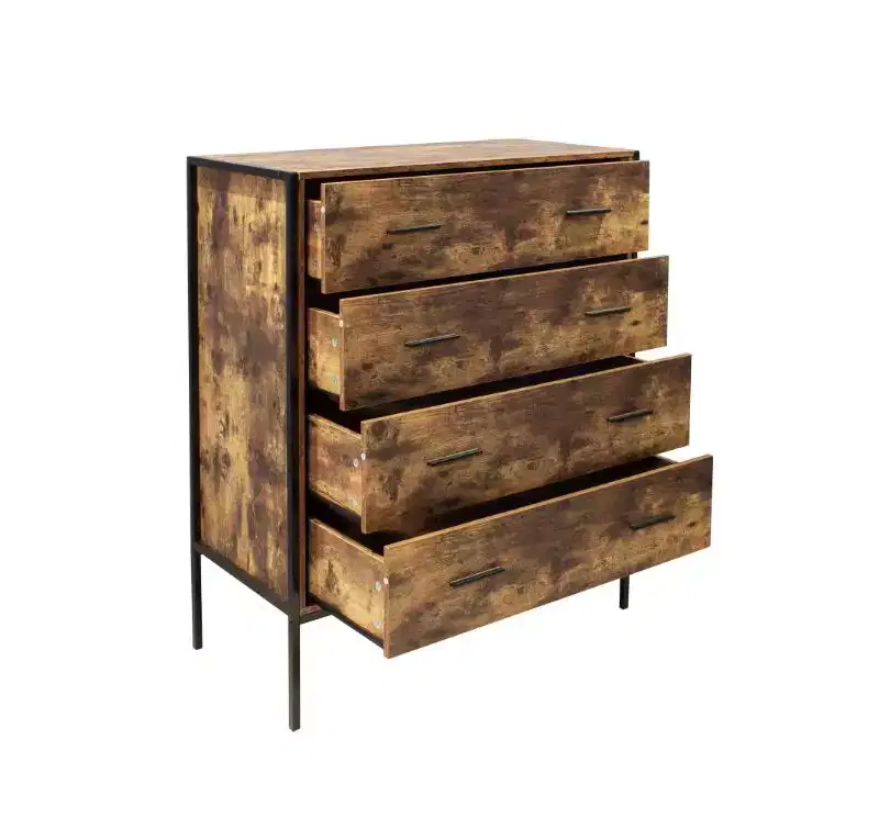 MDF Industrial Style 4-Drawer Dresser, Rustic Brown Wood Storage Organizer with Sturdy Steel Frame