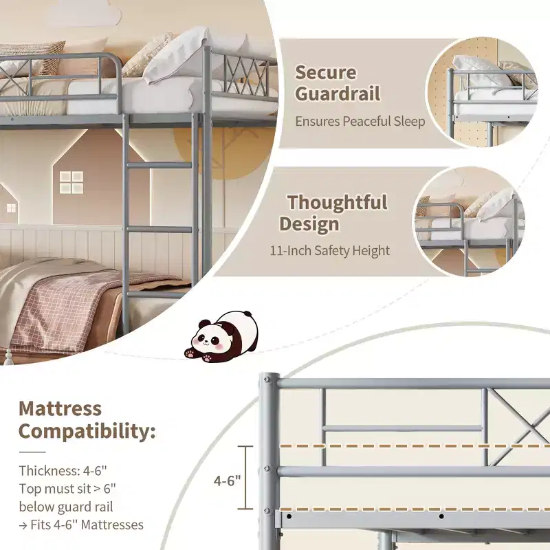 Bunk Bed Twin Over Twin with Extra High Guardrail, Heavy Duty Metal Frame & Sturdy Slats, No Box Spring Needed