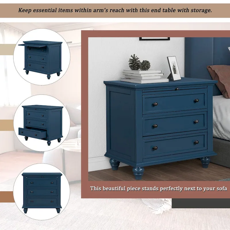 Solid Pine Wood End Table with Pull-out Tray and 3 Drawer, Easy Assembly