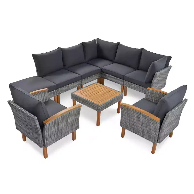 GDFStudio Preston Patio Modern PE Rattan 9-Piece Patio Sectional Conversation Set with Table and Cushioned