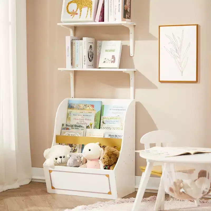 Kids Wooden Bookcase with Storage Bins – White & Gold, 2 Shelves, Ages 3+