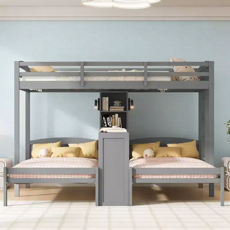 Twin over Twin and Twin Bunk Bed with Built-in Desk, Bookcase and Lights