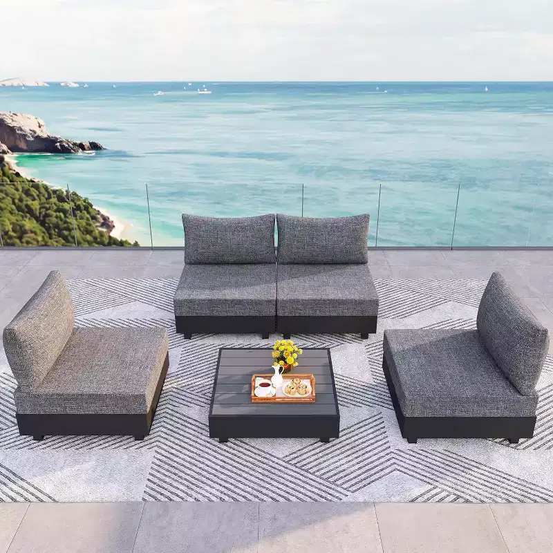 Heynemo 5 Pieces Aluminum Patio Furniture Set, Outdoor Sectional Sofa Conversation Sets with Coffee Table, Modular Armless Chairs Set for Pool, Grey