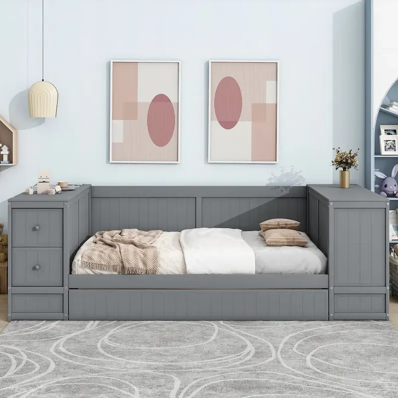 Twin Size Daybed with Trundle, Storage Arms, Charging Station, Wood Frame Sofa Bed, for Living Room Bedroom Guest Room