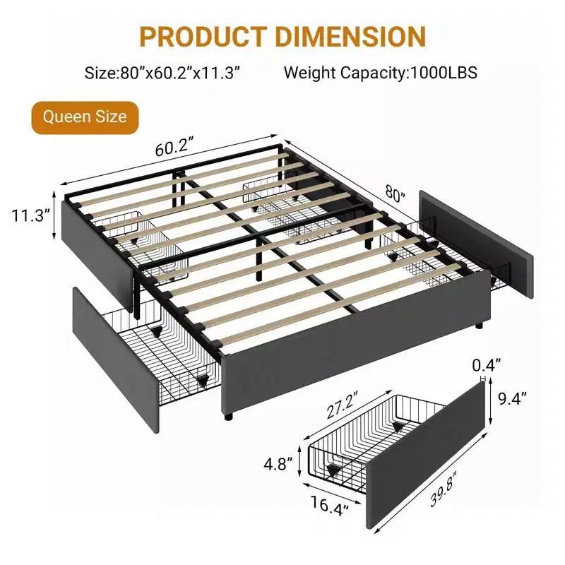 Coolmee King Size Bed Frame with 4 Storage Drawers, King Platform Bed with Linen Fabric Upholstered and Wooden Slats Support, No Box Spring Needed