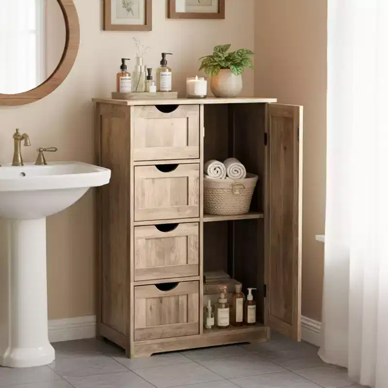 Washed Gray Bathroom Storage Cabinet with 4 Drawers and 1 Door