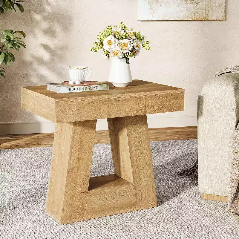 Brown, Farmhouse Style, 2-Tier End Table with Trapezoid Base