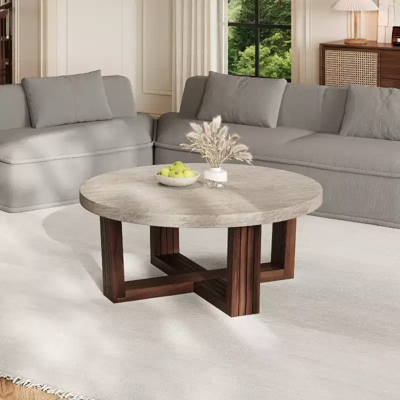 Modern Round Coffee Table with Marble Pattern Top and Cross Base