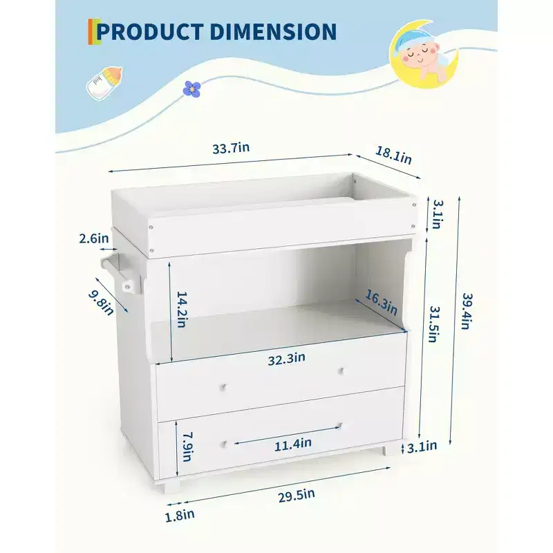 Baby Changing Table Dresser with 2/4 Drawers, Modern Nursery Dresser & Diaper Changing Station with Open Storage Space for Bedroom & Baby Room