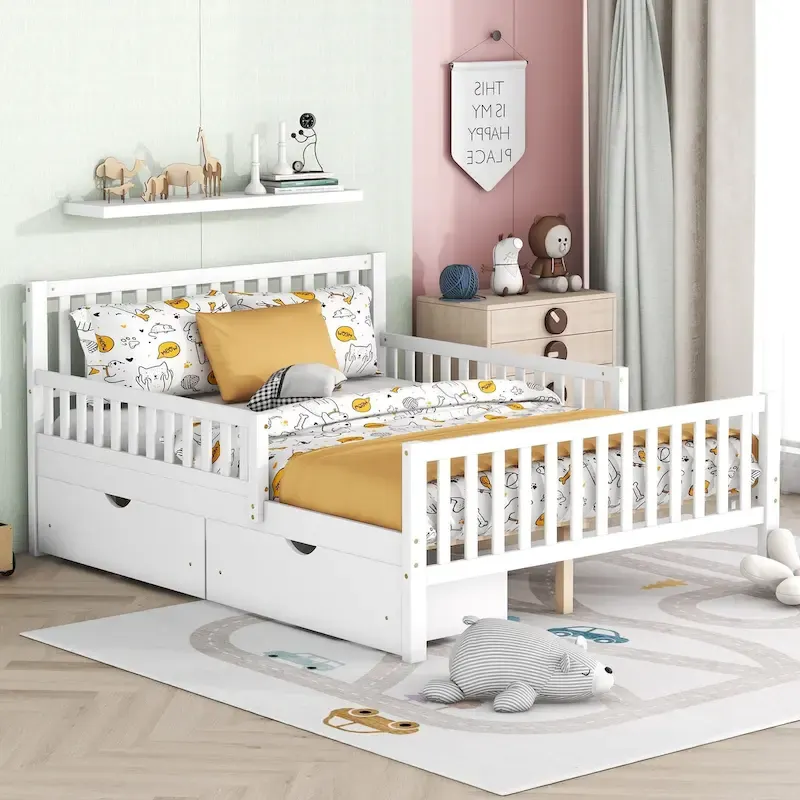 Full Size Wood Platform Bed with Guardrails on Both Sides and Two Storage Drawers