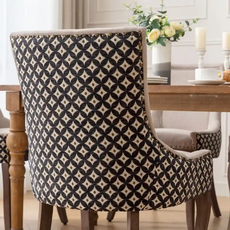 Ultra Side Dining Chair, Thickened fabric chairs with neutrally toned solid wood legs, Bronze nail head, Set of 2