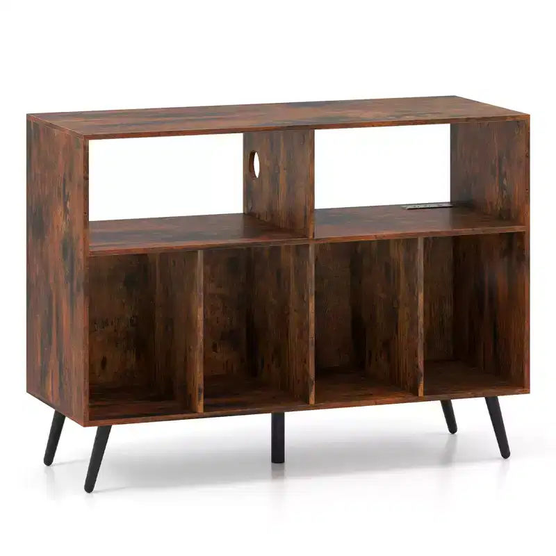 Record Player Stand with Charging Station, Open Shelves & Compartments – Brown/White