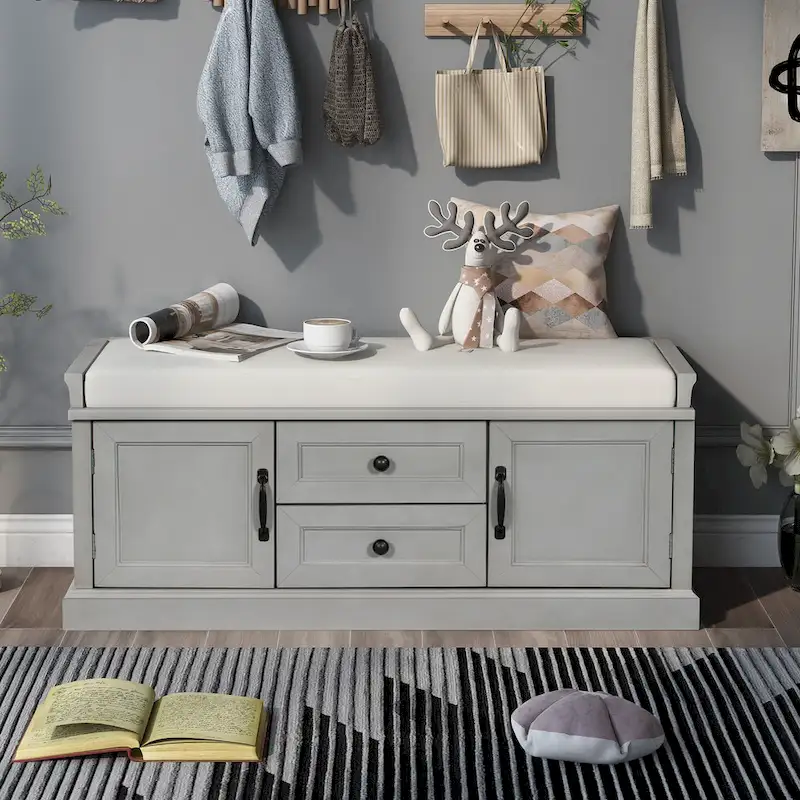 Solid Wood Storage Bench with 2 Drawers & 2 Cabinets, 42.5 Entryway Shoe Rack with Removable Cushion for Living Room Hallway