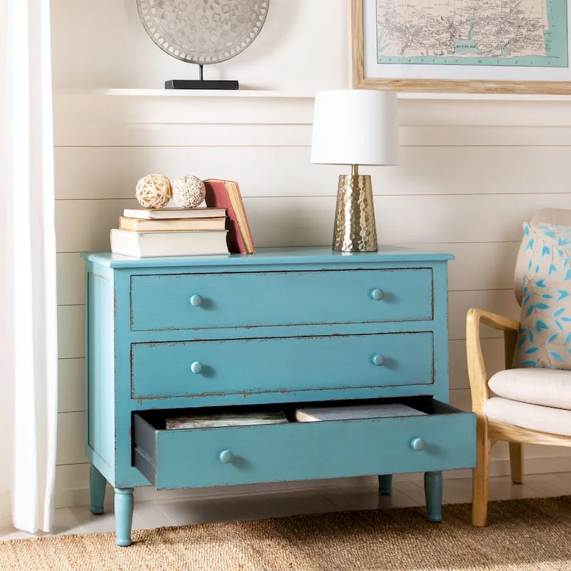 3-Drawer Storage Chest, Distressed Blue Finish, Vintage Country Style with Turned Legs
