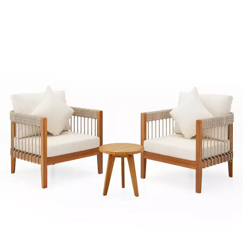 Christopher Knight Home Clifton 3 Piece Patio Rustic Acacia and Rope Slat Design Seating Set with Cushion