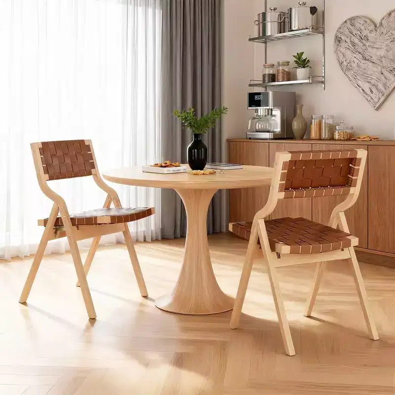 MAYEERTY 2-Set Wood Foldable & Stackable Dining Chairs for Dining Room, Woven Seat & Back, Beige - Natural