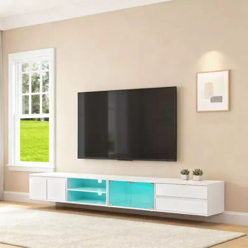 TV Stand with LED Lights and Storage Cabinets for Living Room or Entertainment Area, White