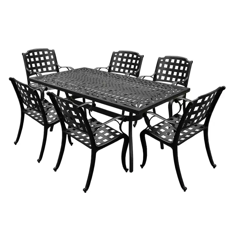 7pc Patio Dining Set with 68" Modern Ornate Outdoor Mesh Aluminum Rectangular Table & Checker Chairs - Black - Oakland Living