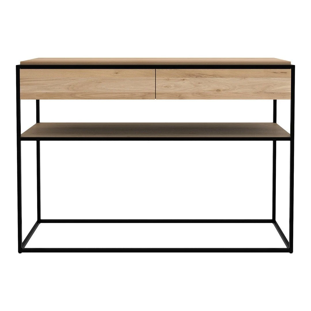 Contemporary Solid Oak Console Table with Balanced Double-Drawer Storage for Hallway