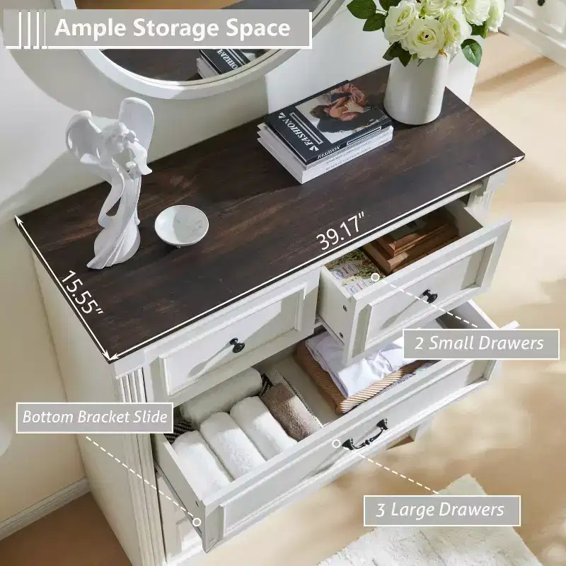 Mastgoal 46 Farmhouse Dresser with 5 Drawers, Rustic Wood Closet Storage with Roman Column for Bedroom