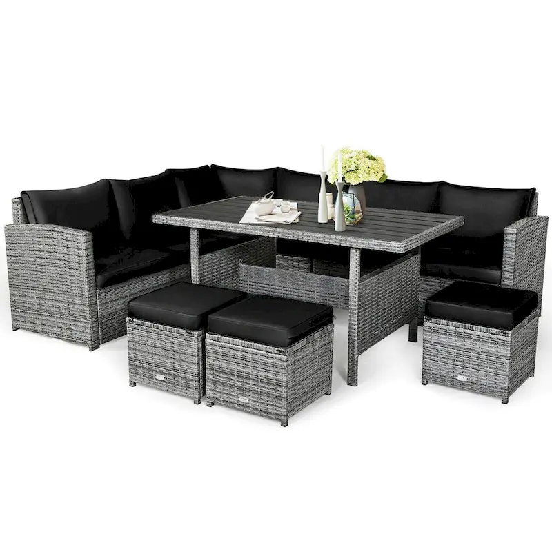 7 Pcs All-Weather Patio Rattan Dining Furniture Sectional Sofa Set with Wicker Ottoman and Cushed Couch