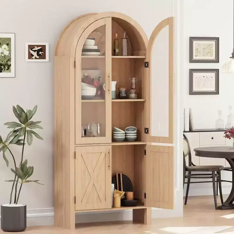 60 Inch Arched Display Cabinet with Glass Doors & Adjustable Shelves, Modern Wood Storage Cabinet for Kitchen, Bathroom, Entryway and Dining Room