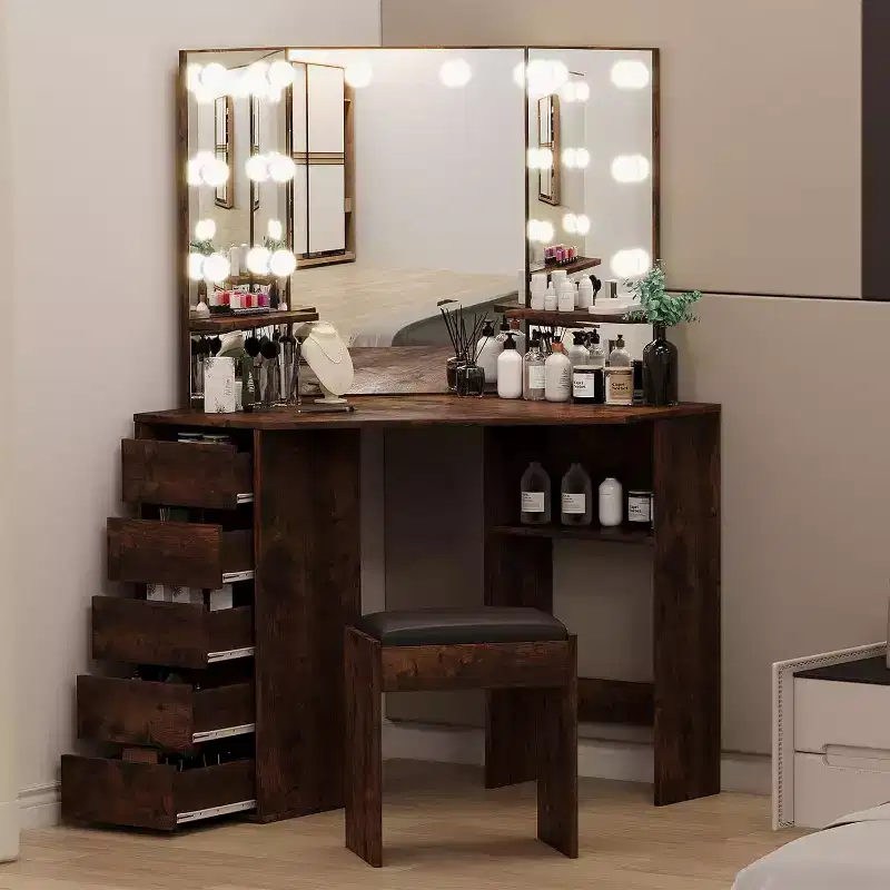 Corner Vanity Desk and Bench, Makeup Vanity Table with 3-Folding Lighted Mirrors, Charging Station, 5 Drawers for Bedroom