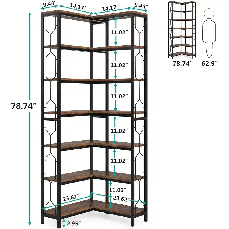 Lantine 7-Tier Corner Shelf, 78.7 Tall Bookshelf with Storage, Corner Bookcase, Display Shelf for Living Room, Bed Room, Home Office (Brown)