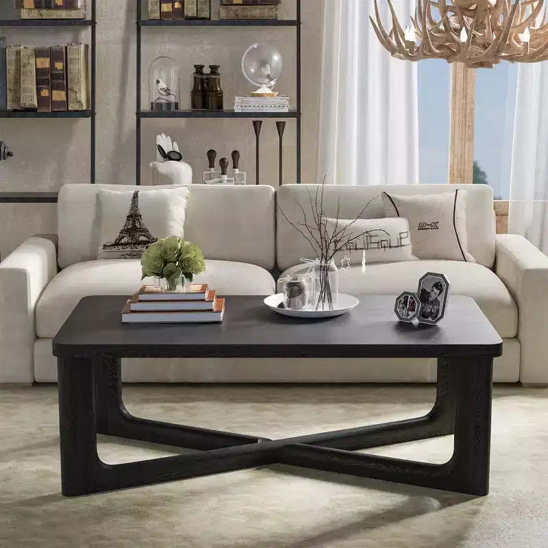 Rectangular Farmhouse Solid Wood Coffee Table, Black, Cross Legs